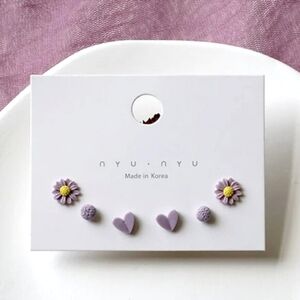 Pastel Purple Heart & Flower Stud Earring Set